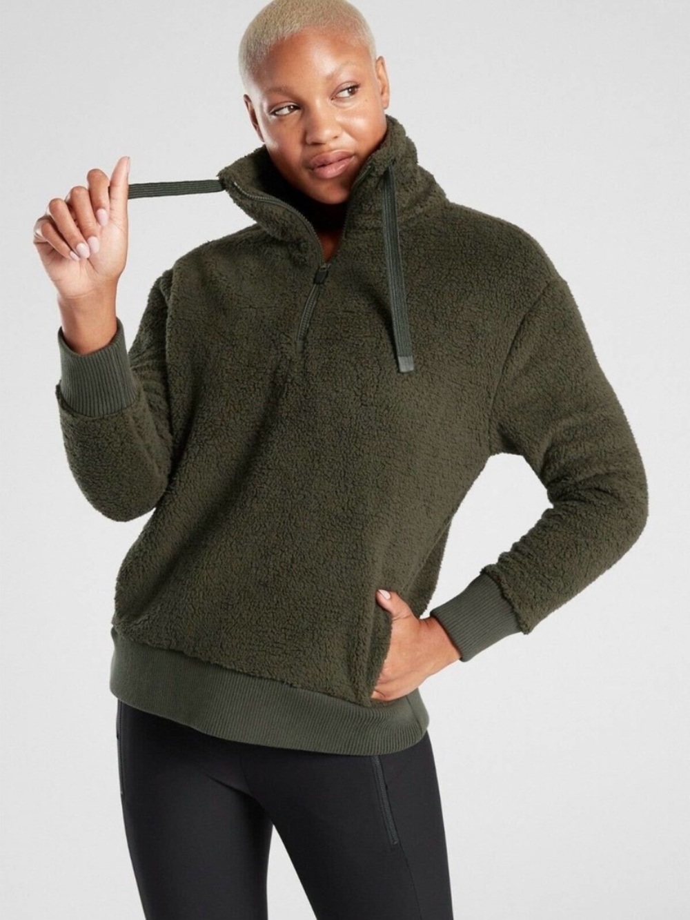 Athleta Talus Half Zip Sherpa Mock Neck Pullover Sweatshirt Green Size Large